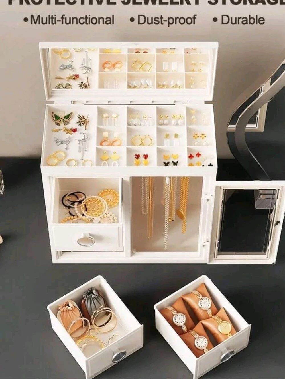 White Jewelry Organizer Cabinet with Drawers and Mirror